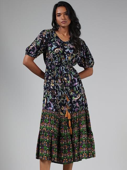 lov by westside navy blue floral paisley printed tiered dress