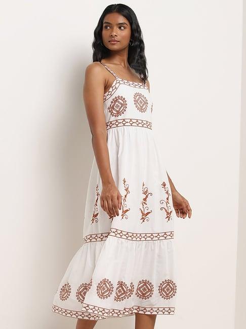 lov by westside off-white embroidered tiered cotton dress