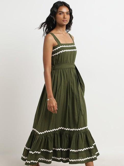 lov by westside olive embroidered tiered cotton dress with belt