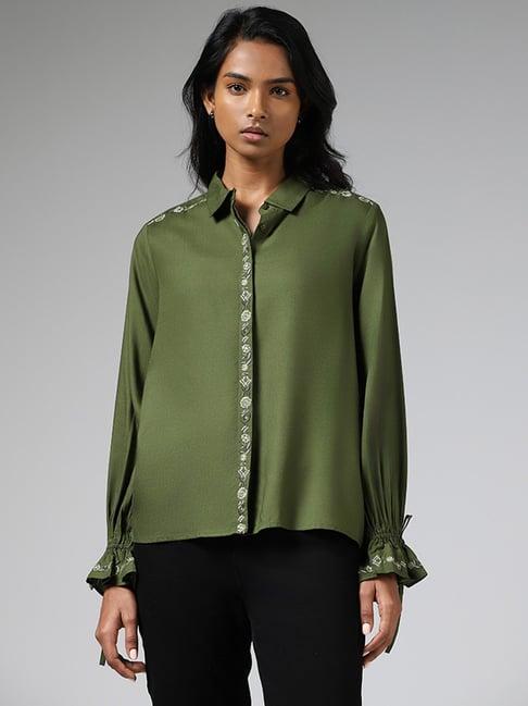 lov by westside olive floral embroidered accent shirt