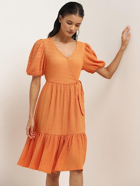 lov by westside orange self patterned tiered dress