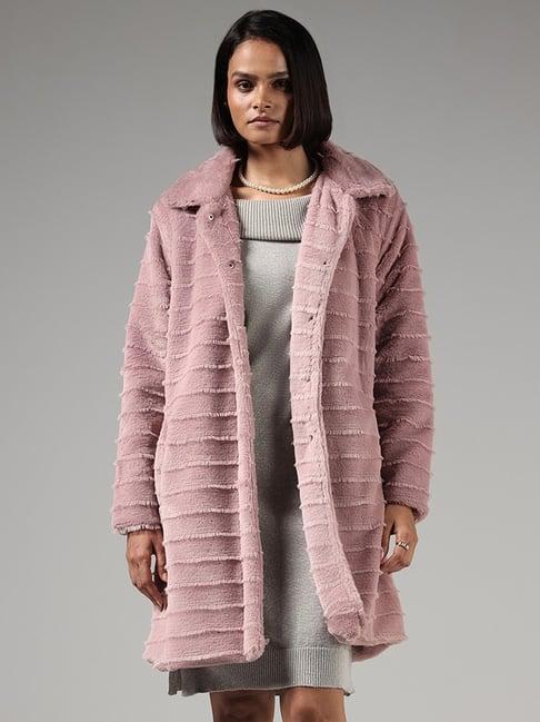lov by westside pastel pink self-striped fur long jacket