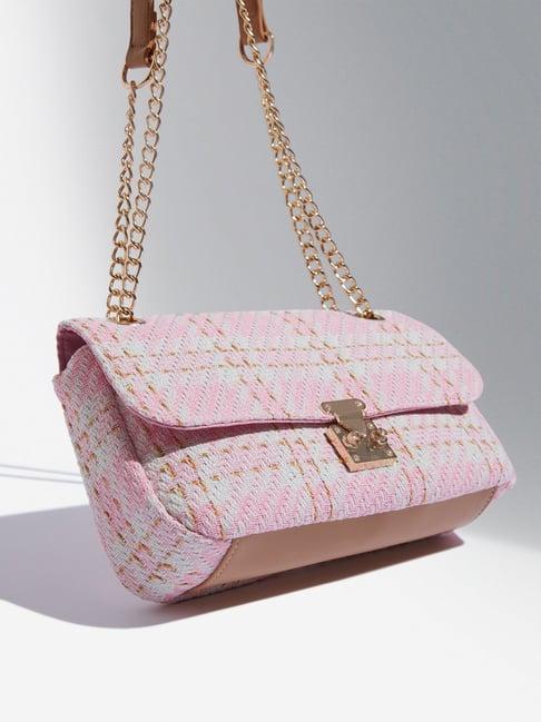 lov by westside pink knitted checkered sling bag
