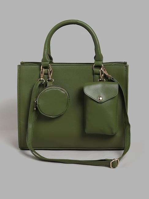 lov by westside plain olive green satchel bag with phone bag & pouch