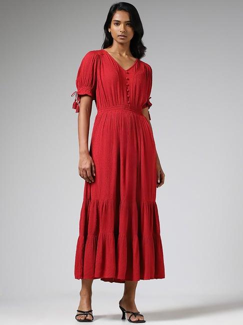 lov by westside red self-patterned tiered dress