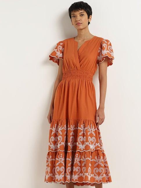lov by westside rust smocked waisted tiered maxi dress