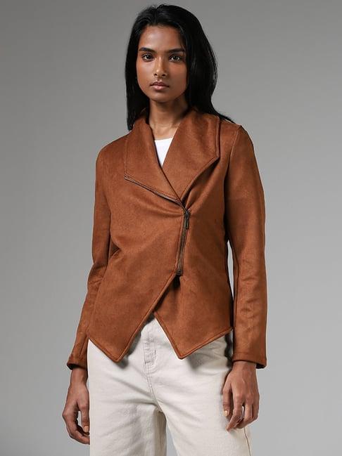 lov by westside tan brown asymmetrical zipper suede jacket