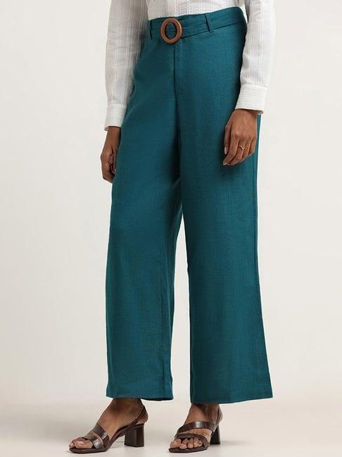 lov by westside teal high-waist trousers and fabric belt set