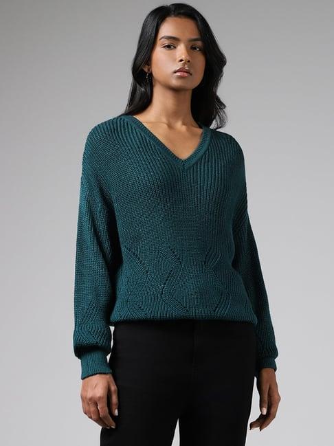 lov by westside teal pointelle knit sweater