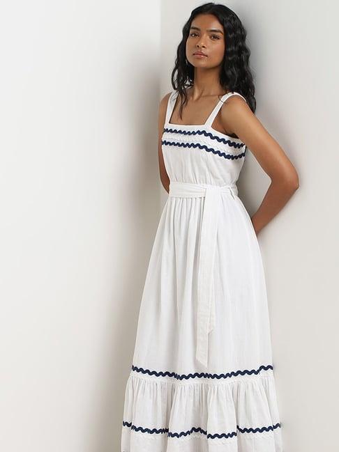 lov by westside white embroidered tiered cotton dress with belt