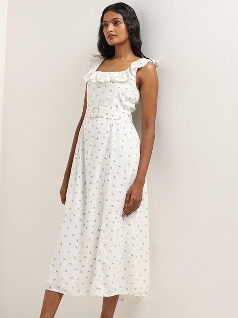 lov by westside white floral a-line blended linen dress with belt