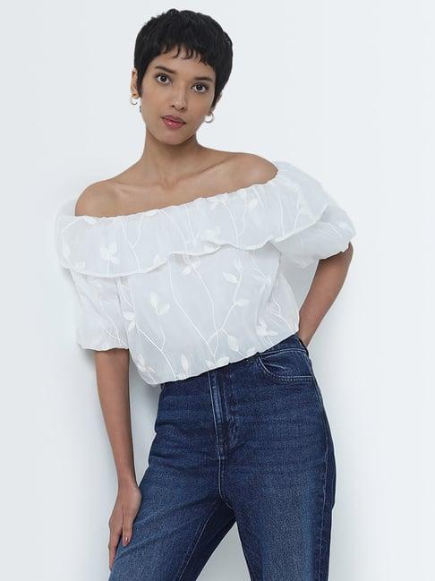 lov by westside white floral embroidered off-shoulder top