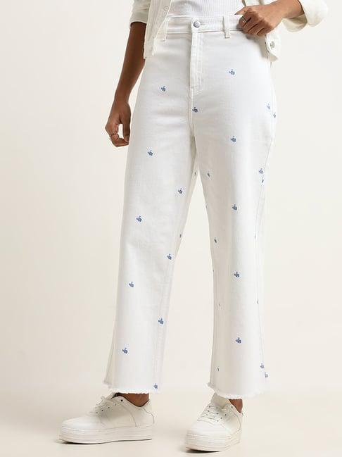 lov by westside white floral print mid-rise straight jeans