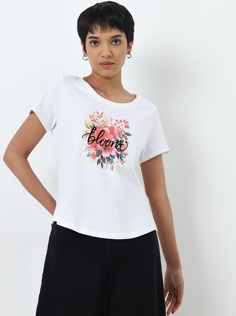 lov by westside white floral printed cotton t-shirt