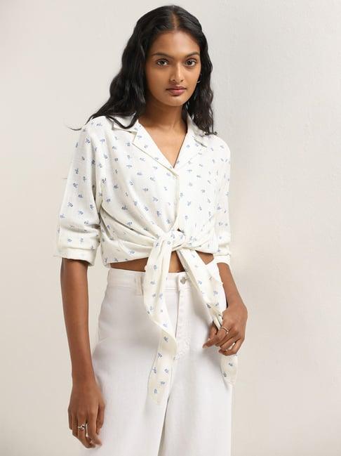 lov by westside white floral printed tie-up blended linen shirt