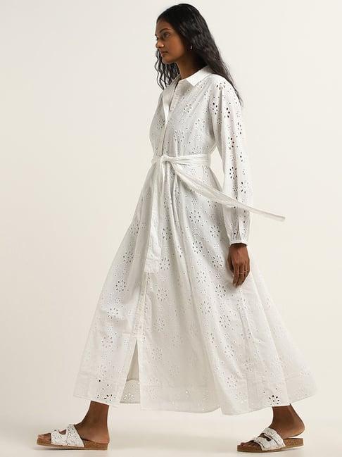 lov by westside white schiffli shirt cotton dress with belt