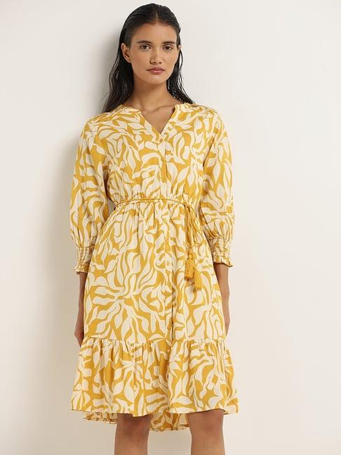 lov by westside yellow printed tiered dress with belt