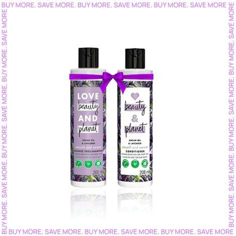 love beauty & planet argan oil and lavender paraben free smooth and serene conditioner 200ml + argan oil and lavender sulfate free smooth and serene shampoo 200ml