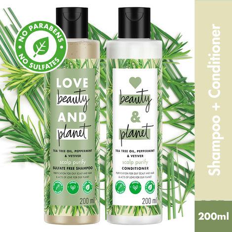 love beauty & planet tea tree, peppermint & vetiver sulfate free purifying shampoo & conditioner, (200ml + 200ml)