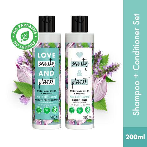 love beauty & planet onion, black seed & patchouli hairfall control shampoo & conditioner, 200ml