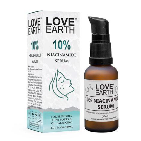 love earth 10% niasinamide serum with aloe vera and olive leaf extract for blemishes, inflammation & acne prone skin 30 ml