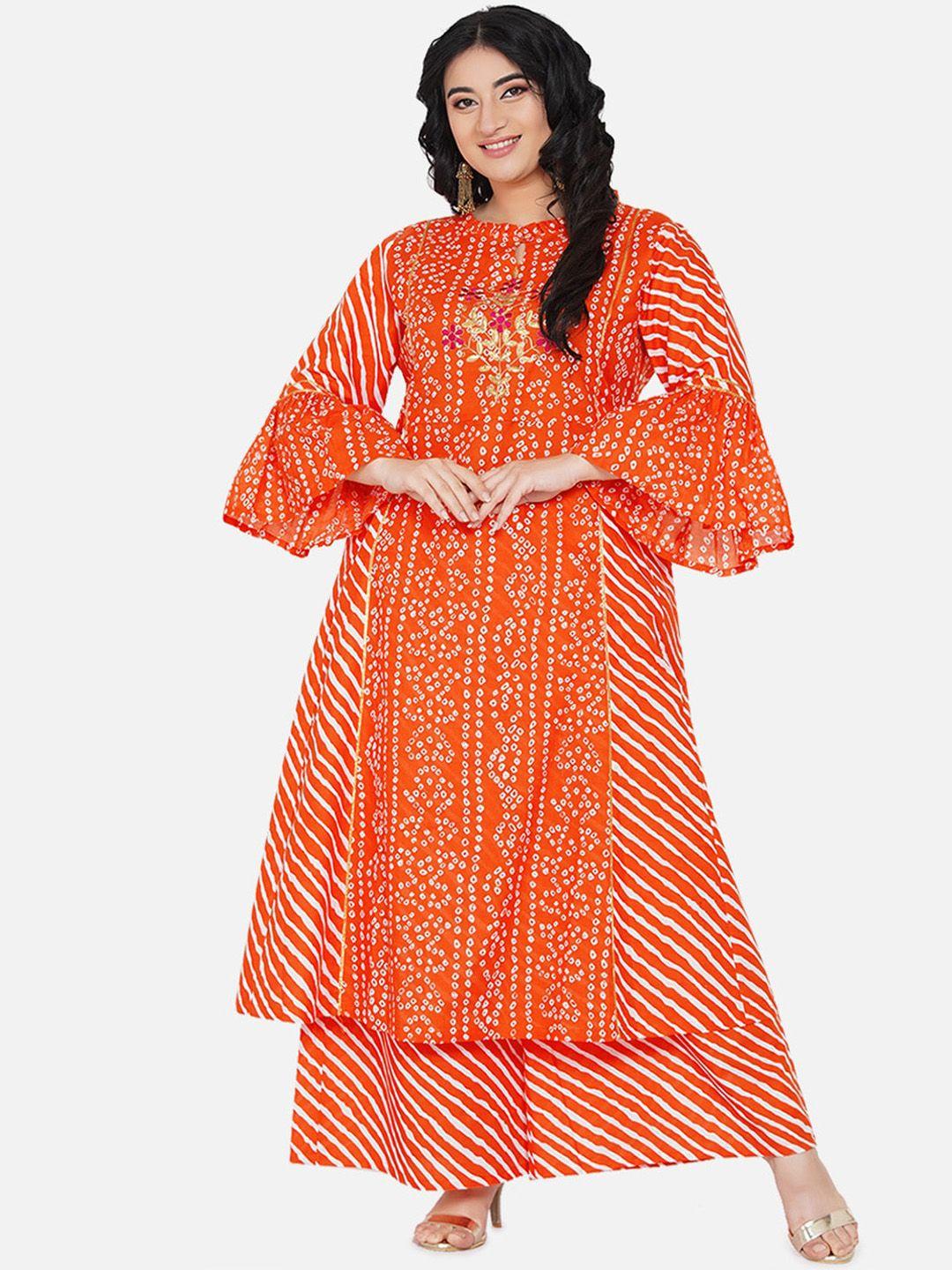 love more women orange bandhani printed panelled kurta with palazzos