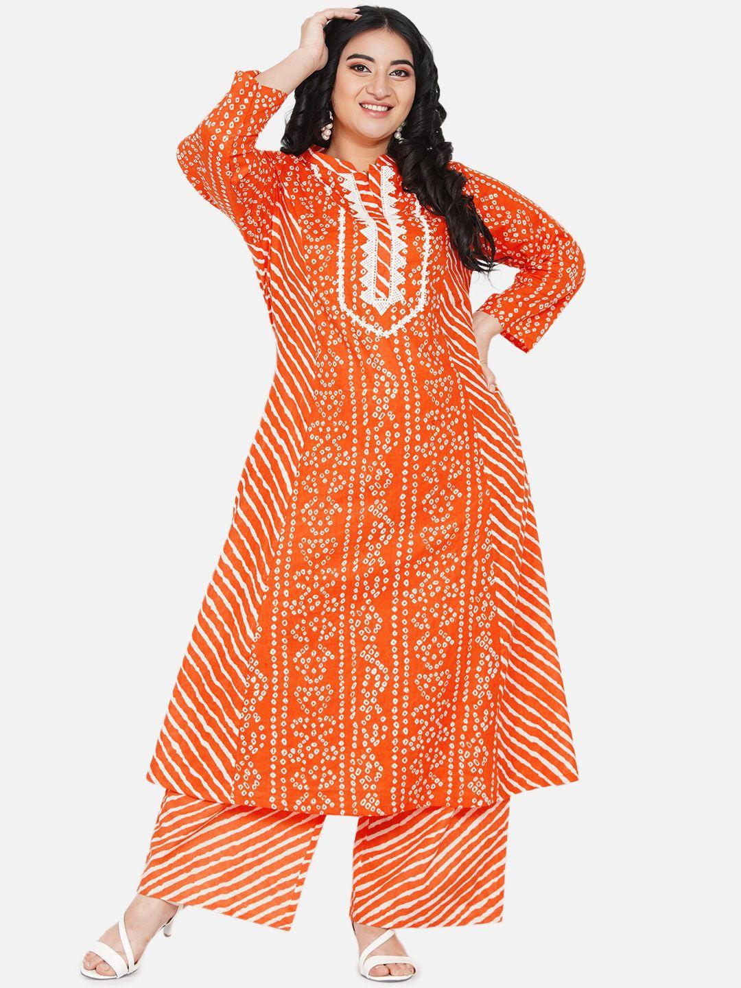 love more women orange leheriya printed kurti with palazzos