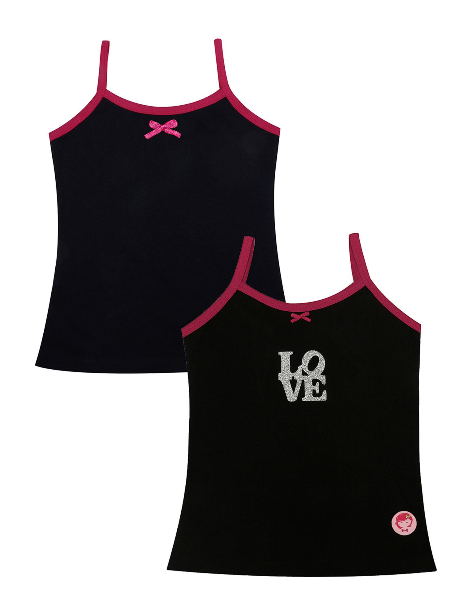 love theme printed & plain black camisole for girls (pack of 2)