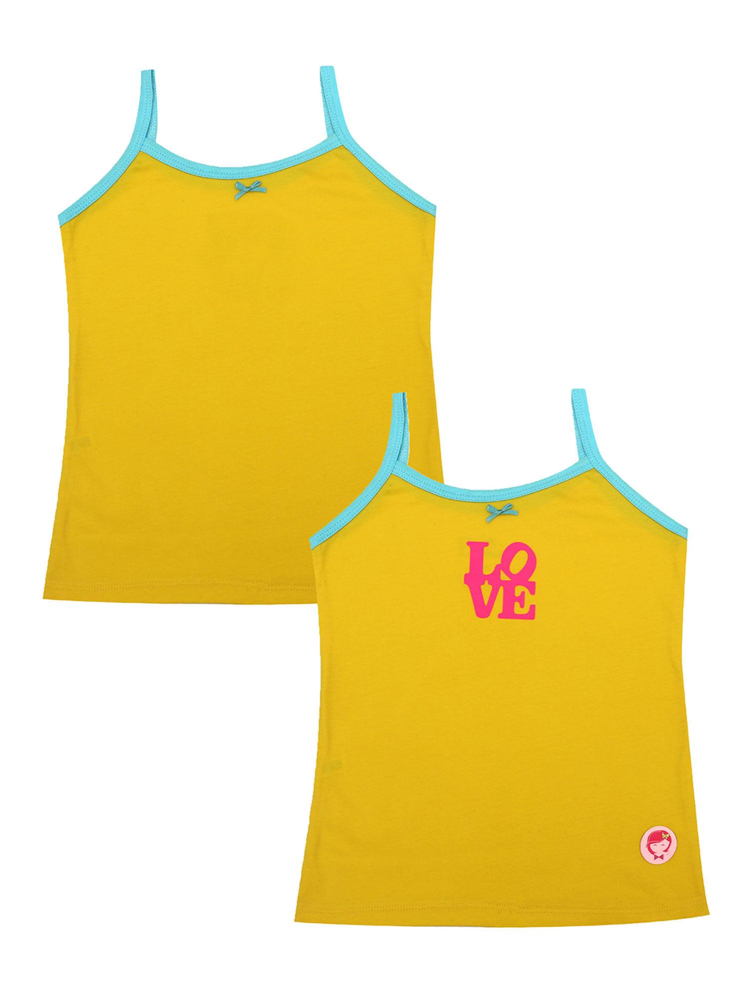 love theme printed & plain yellow camisole for girls (pack of 2)