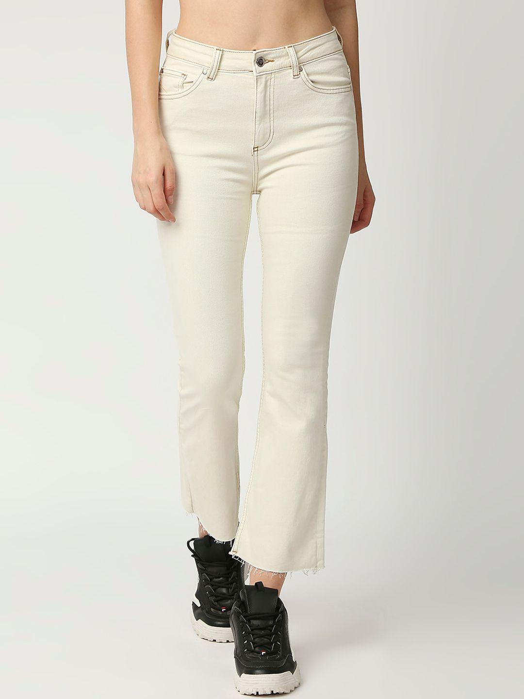 lovegen women off white flared stretchable flared cropped jeans