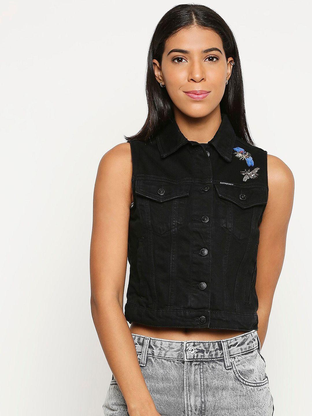 lovegen women black washed crop denim jacket