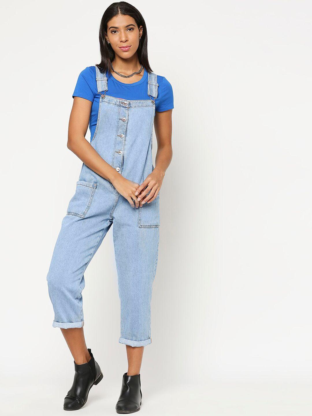 lovegen women blue solid pure cotton slim-fit long dungaree