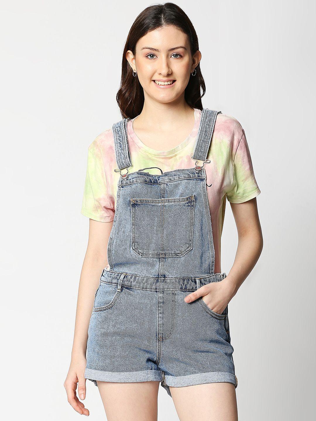 lovegen women blue solid short dungarees