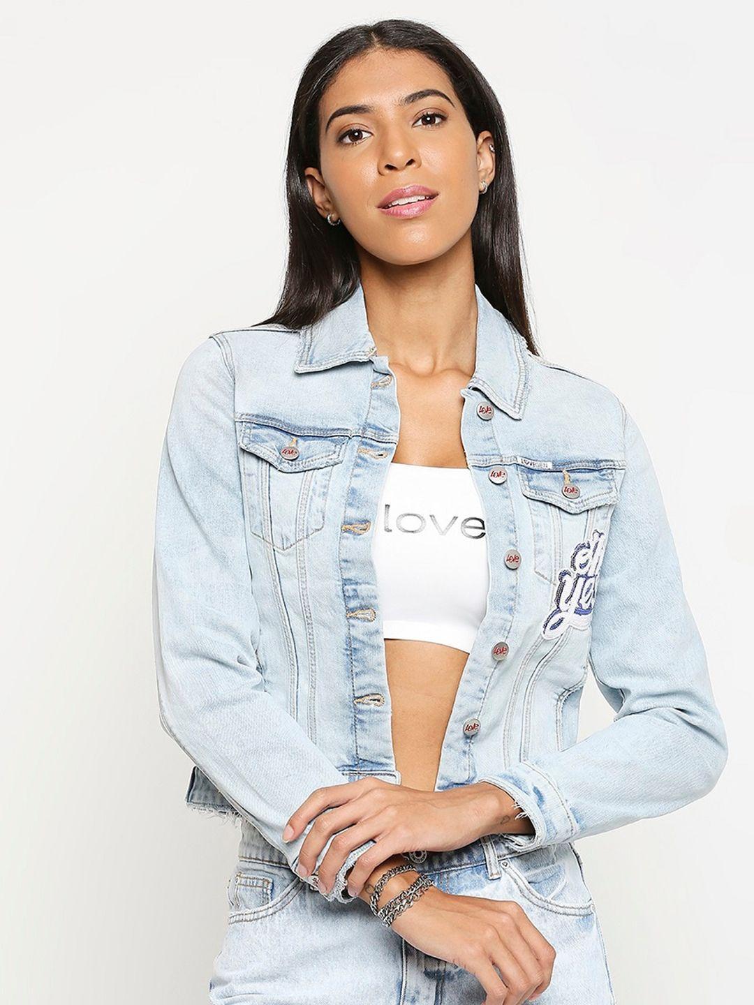 lovegen women blue washed checked crop denim jacket with embroidered