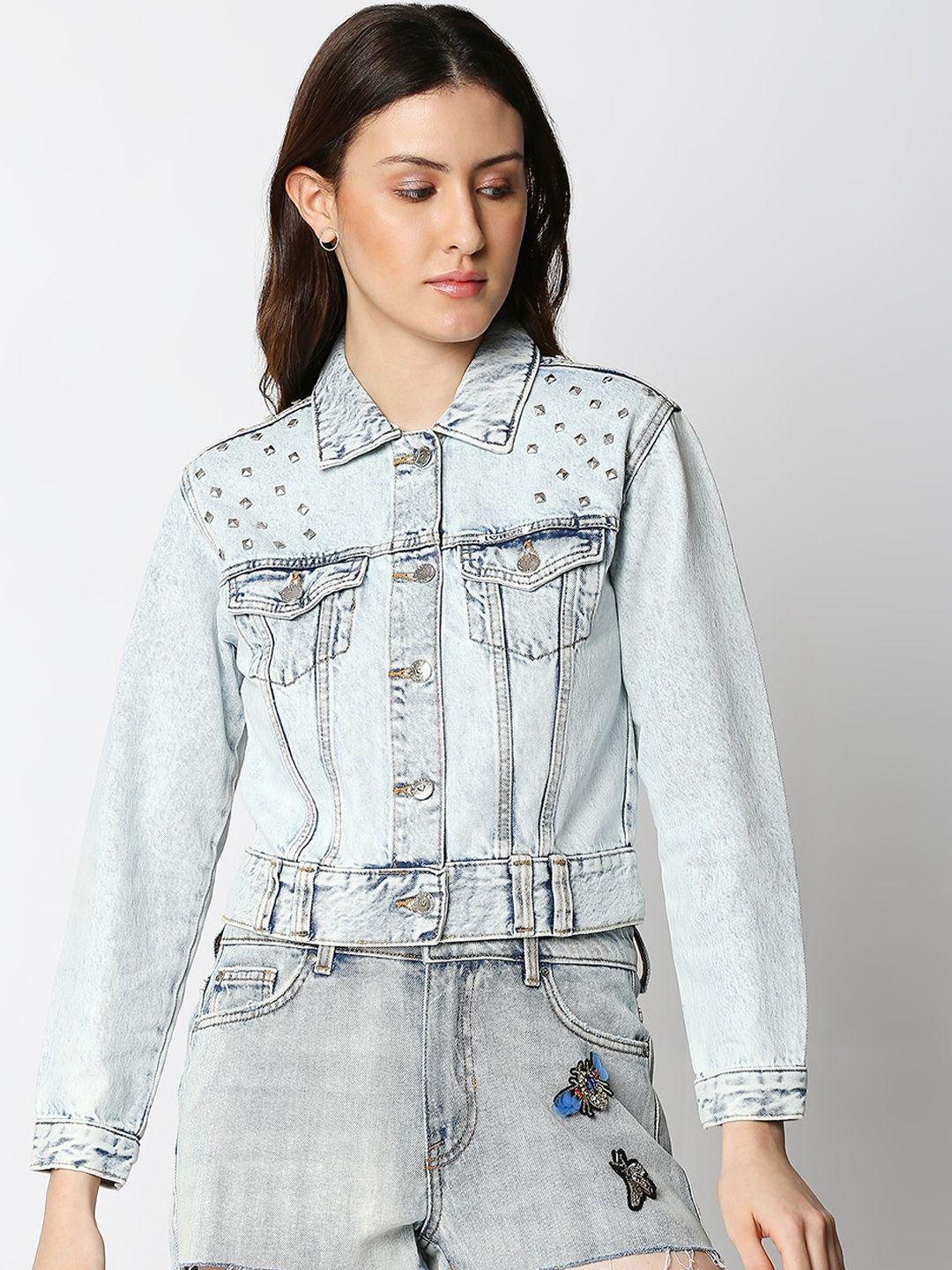 lovegen women blue washed checked crop denim jacket