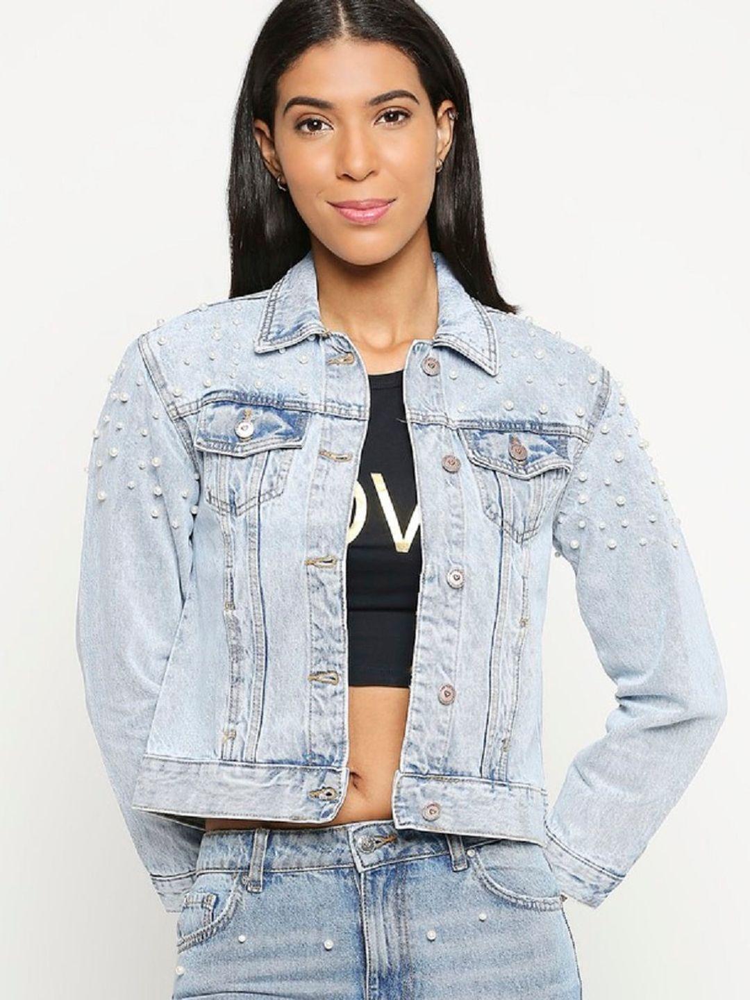 lovegen women blue washed crop denim jacket with embroidered