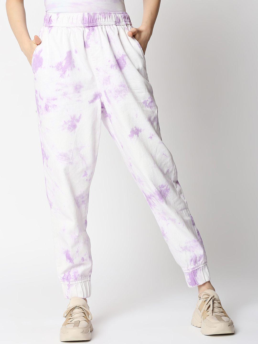 lovegen women violet & white tie & dye slim fit pure cotton joggers