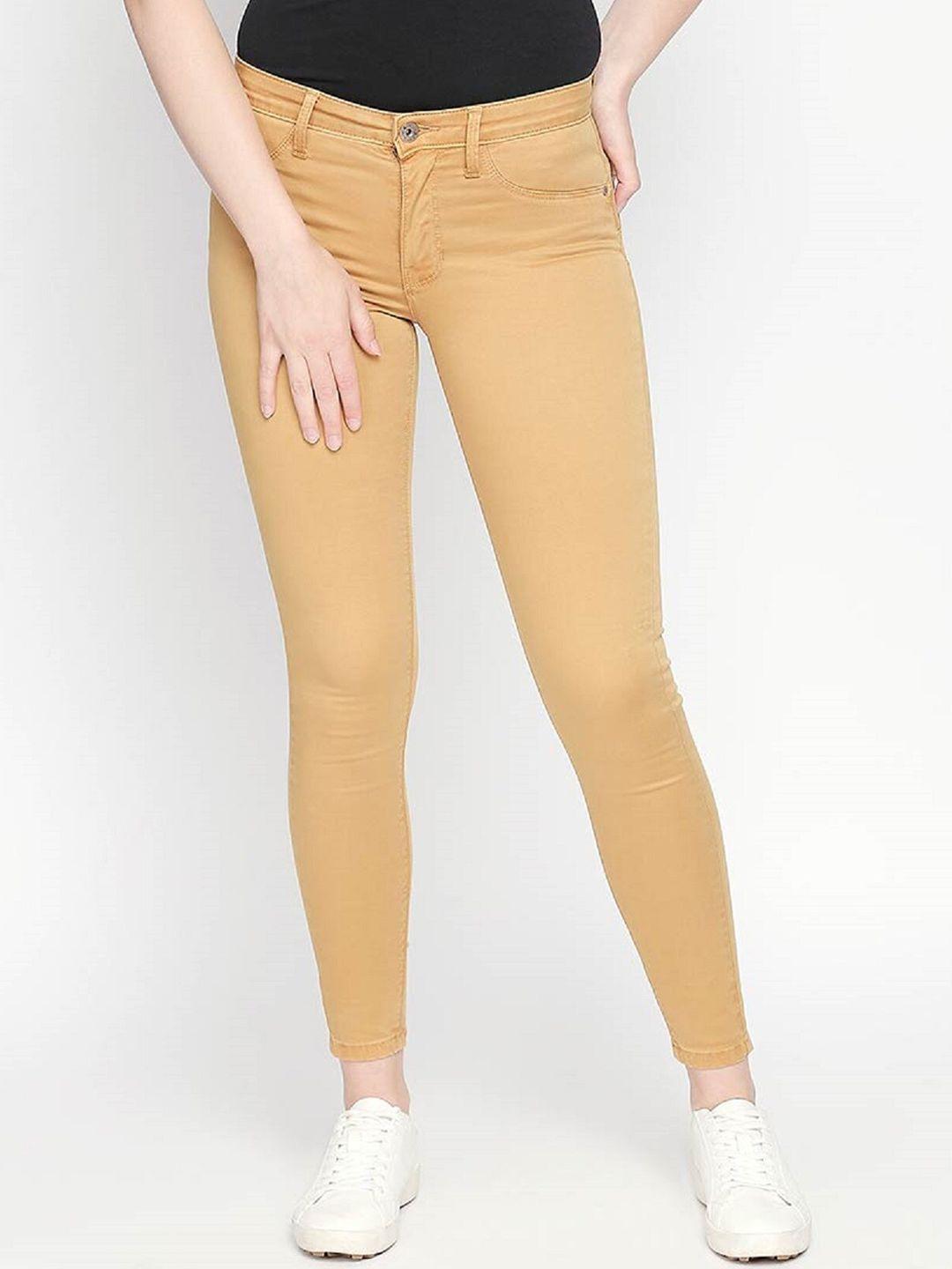 lovegen women yellow skinny fit low distress stretchable jeans