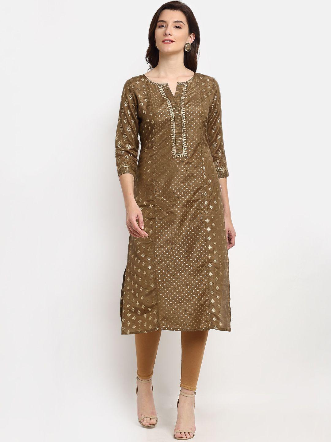 lovely lady women grey & gold-toned ethnic motifs foil printed kurta