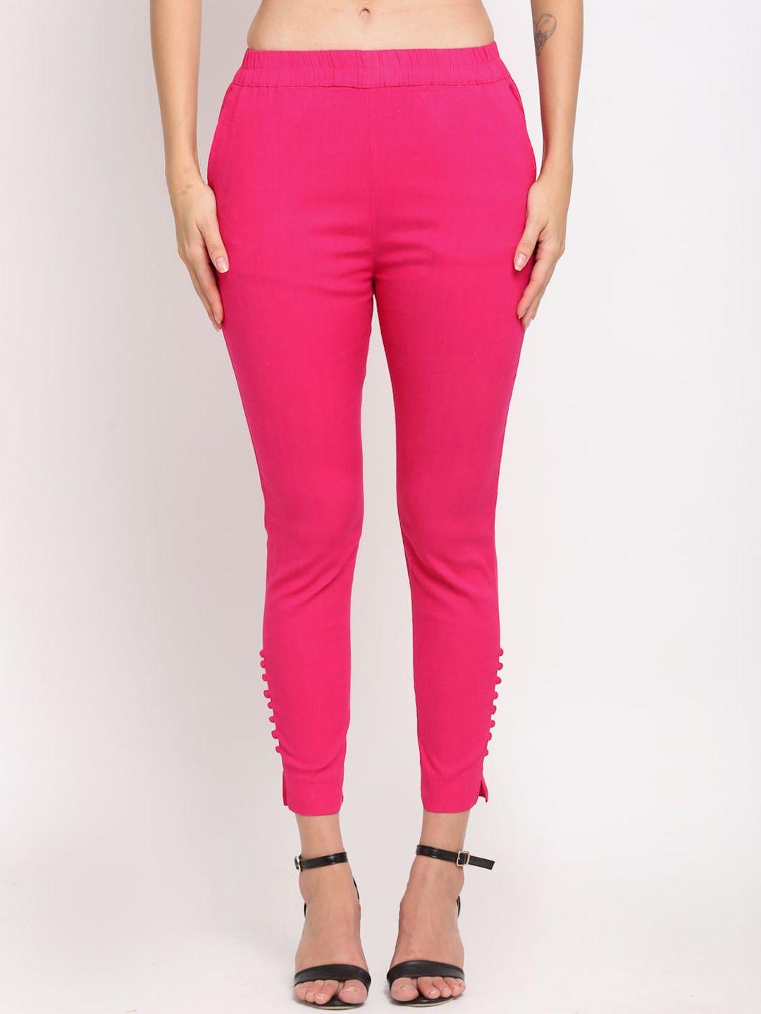 lovely lady women magenta solid slim fit cropped cigarette trousers