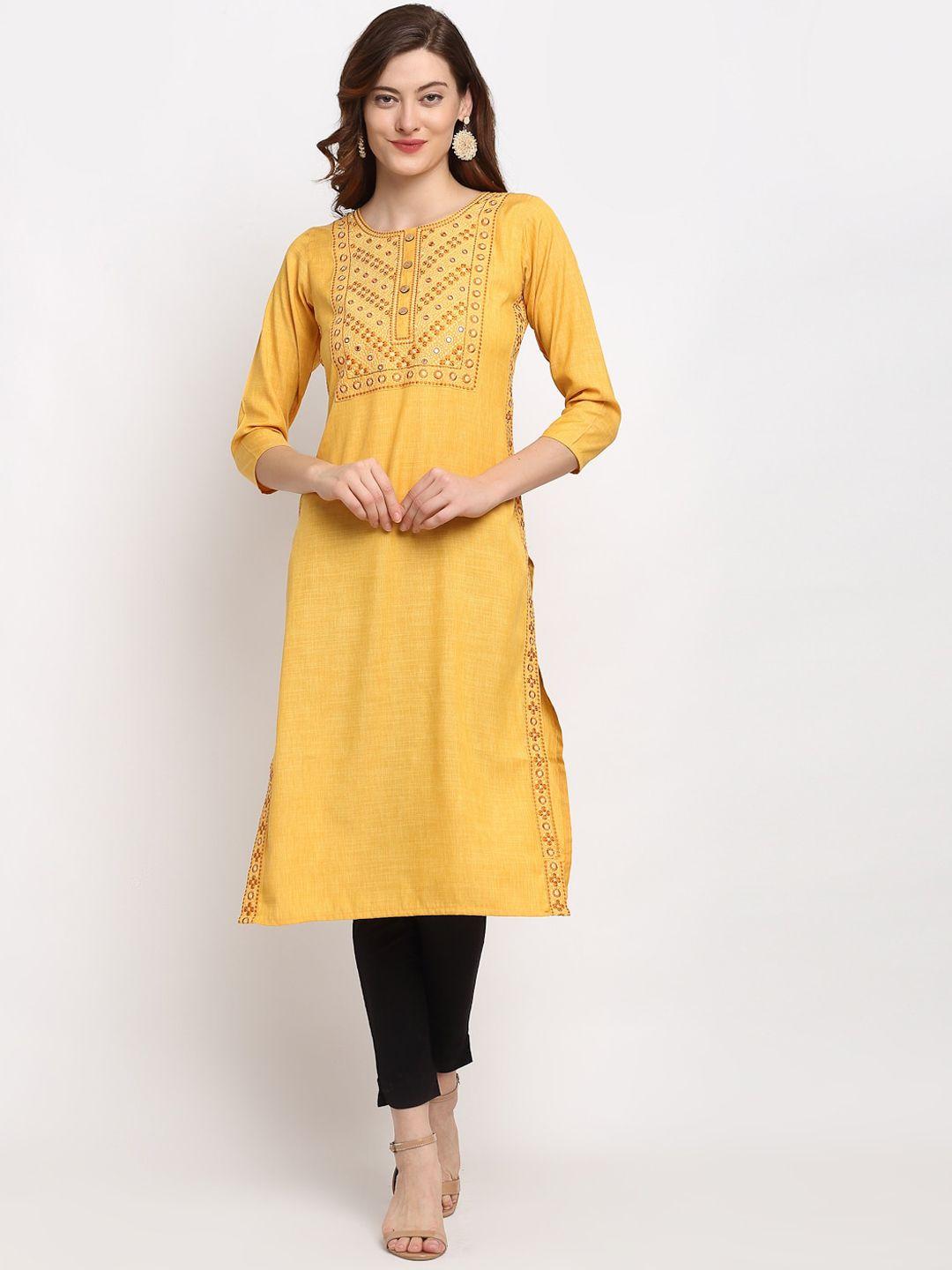 lovely lady women mustard yellow ethnic motifs yoke design thread work kurta