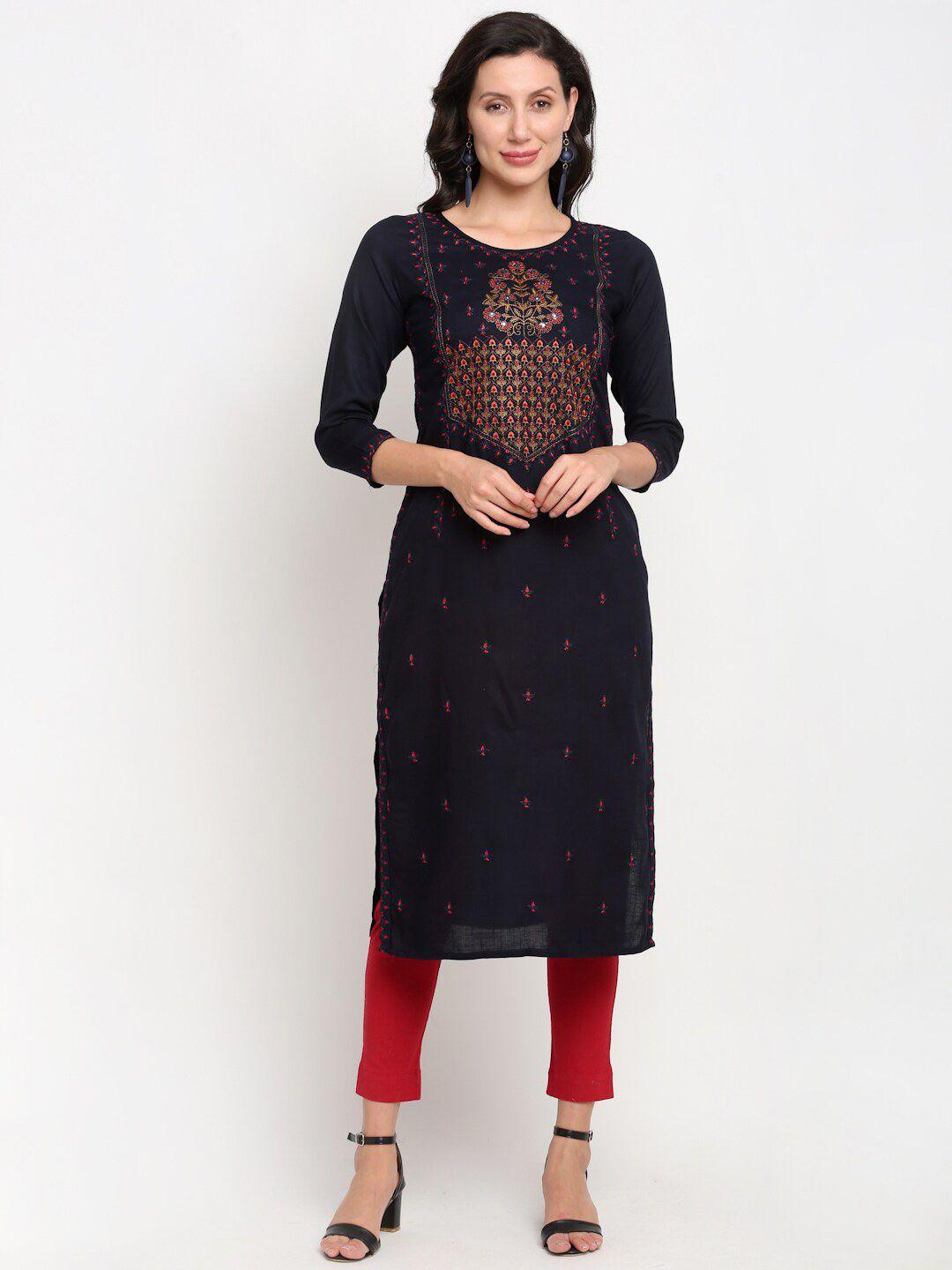lovely lady women navy blue & red floral embroidered thread work kurta