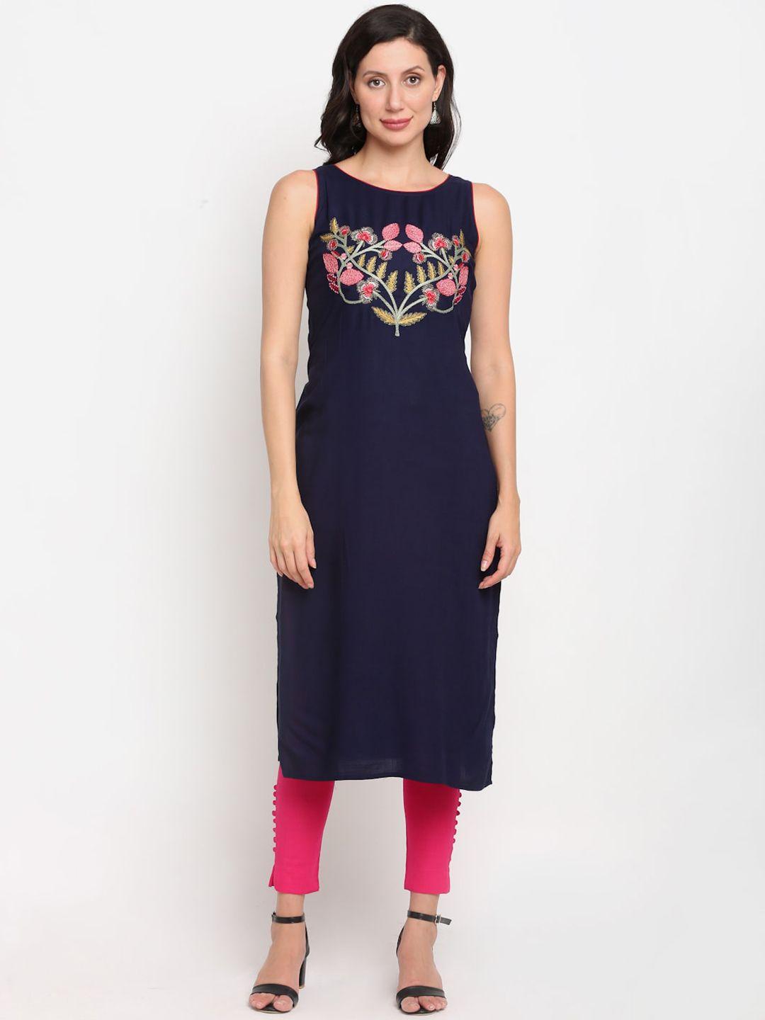 lovely lady women navy blue floral embroidered kurta