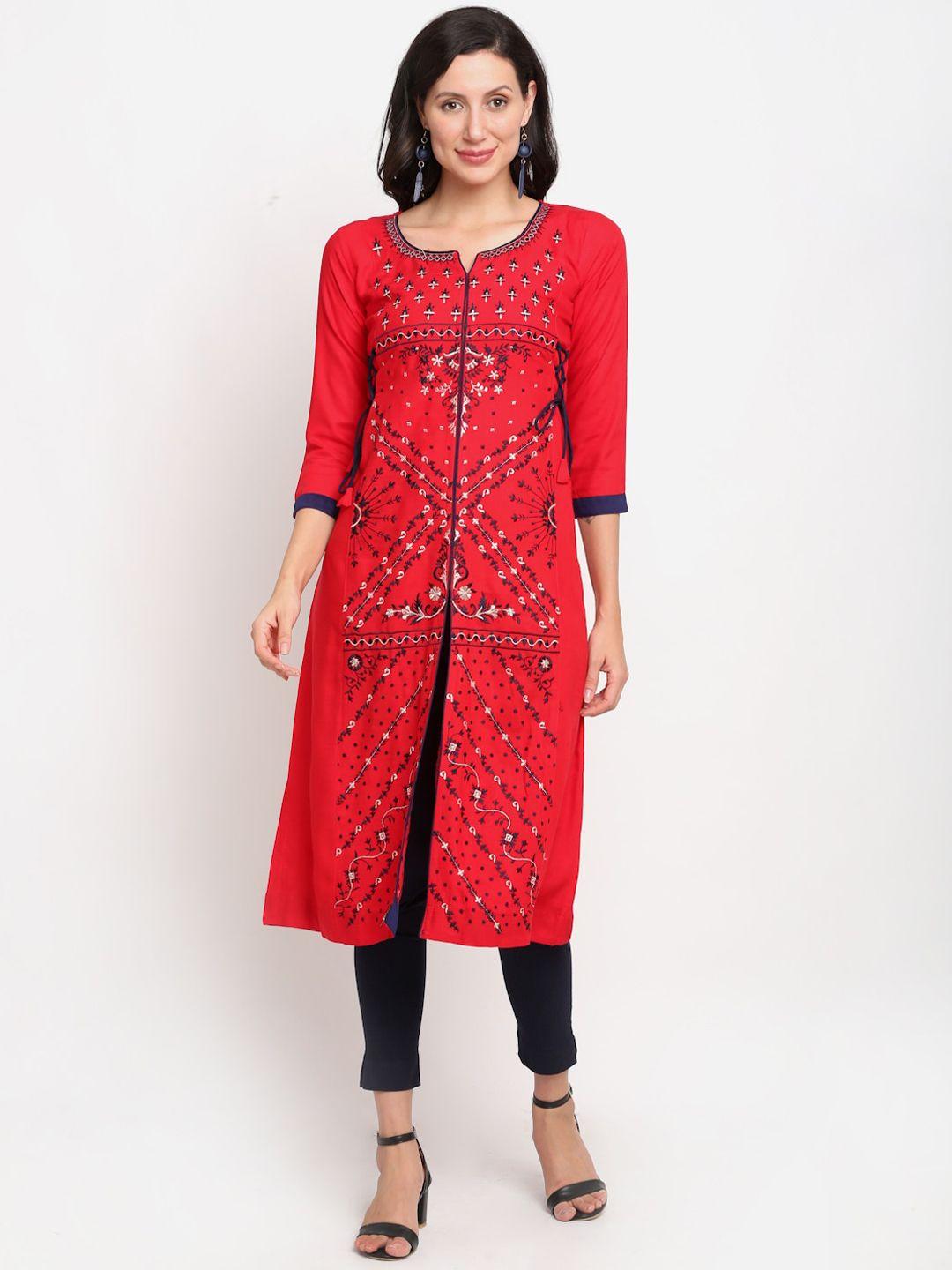 lovely lady women red geometric printed flared sleeves thread work kurta