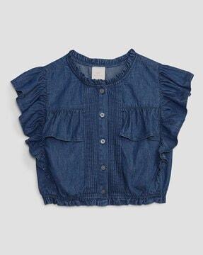 loveshackfancy denim ruffle button-front top with washwell