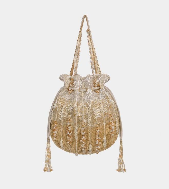 lovetobag nora potli - peerless gold lustrous silver with handle