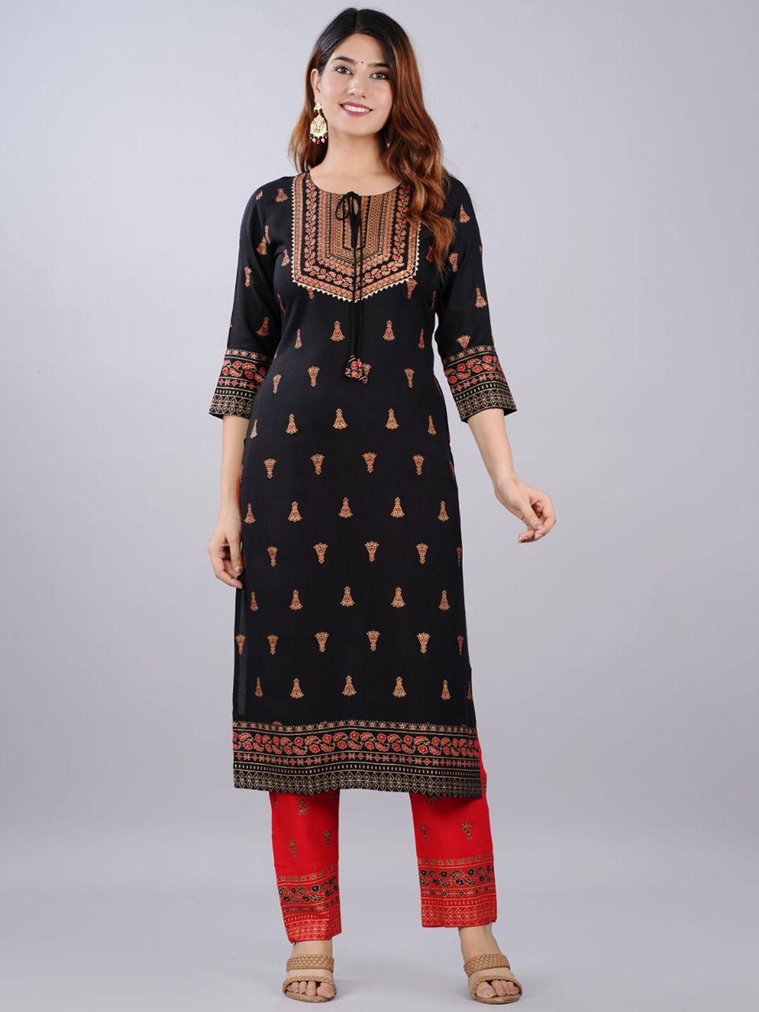lovista women black ethnic motifs printed kurta with trousers & with dupatta