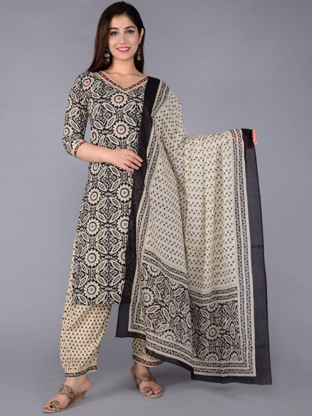 lovista women black floral printed regular pure cotton kurta with salwar & with dupatta