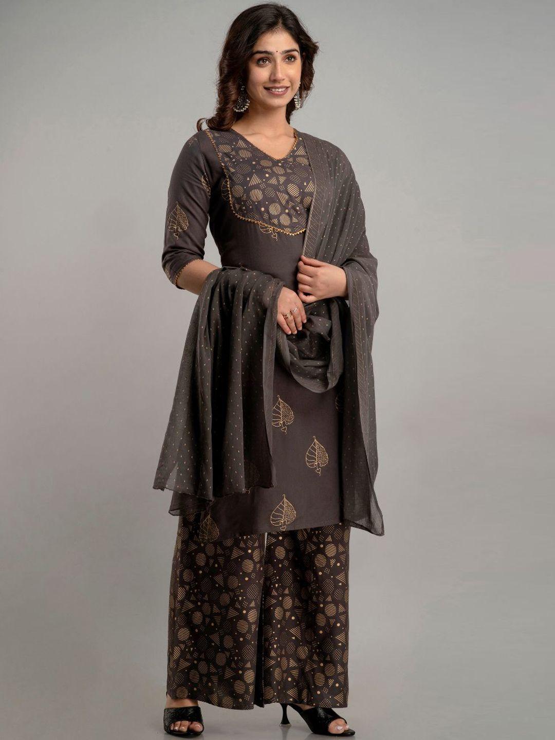 lovista women grey ethnic motifs printed kurti with palazzos & with dupatta