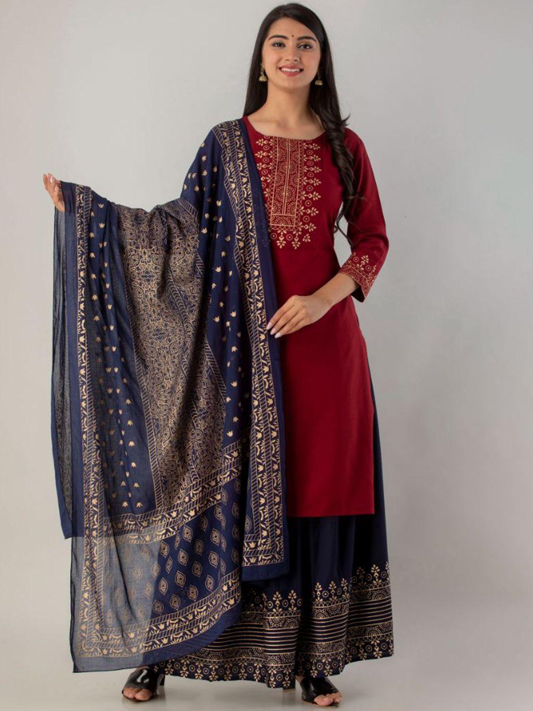 lovista women maroon ethnic motifs yoke design kurta with skirt & with dupatta